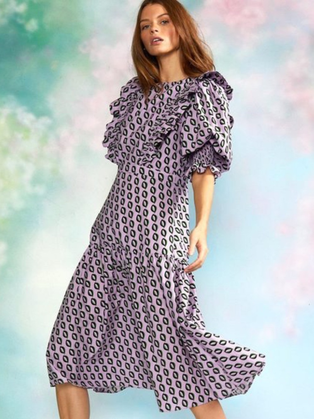 Cynthia Rowley Campbell Geometric Midi Ruffle Dress Size 4 - Picture 3 of 15